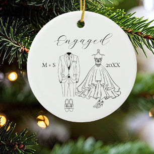 Eerste kerst verloofd foto jurk pak schoenen keramisch ornament