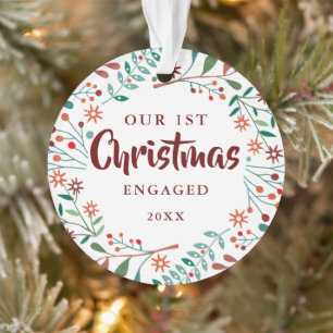 Eerste kerst verloofd modern bloemstuk koppel foto ornament