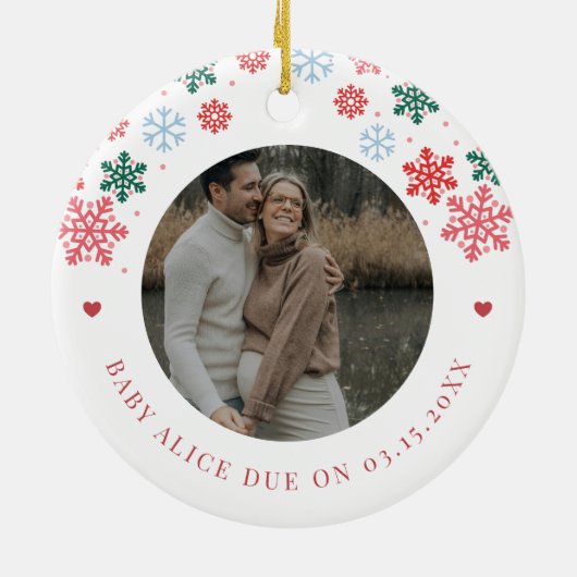 Eerste kerst verwacht 2 zwangerschapsfoto's rood keramisch ornament (Achterkant)