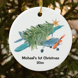 Eerste kerst vliegtuig boom reis gepersonaliseerd keramisch ornament