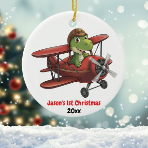 Eerste kerst vliegtuig en dinosaurus piloot aangep keramisch ornament