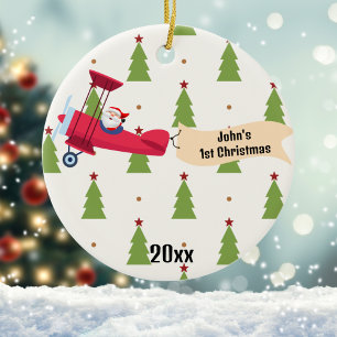 Eerste kerst vliegtuig & kerstbomen jongen op maat keramisch ornament