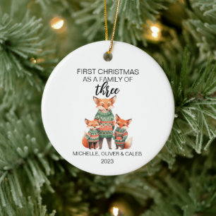 Eerste kerst vos familie van drie keramisch ornament