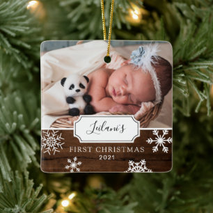 Eerste kerstBaby Foto Sneeuwhout Keramisch Ornament
