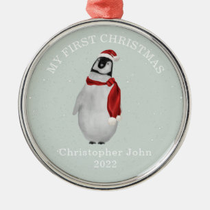 Eerste Kerstblauw jongetje Penguin Snow Metalen Ornament