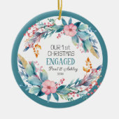 Eerste Kerstbloem verloofde Fotodatum Keramisch Ornament (Voorkant)