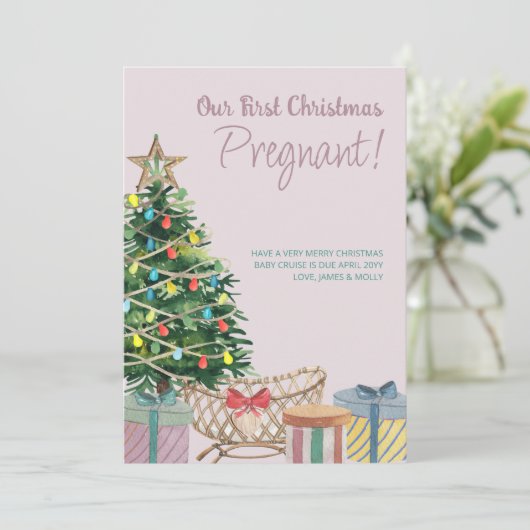 Eerste kerstboom en Wieg zwangerschap Feestdagenkaart (Staand voorkant)