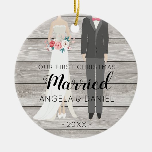 Eerste kerstbruid en bruin hout keramisch ornament (Voorkant)