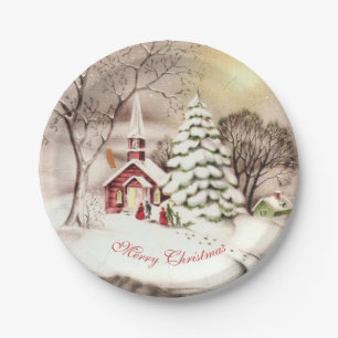 Eerste Kerstdag Oude Victoriaanse Landelijke Kerk Papieren Bordje