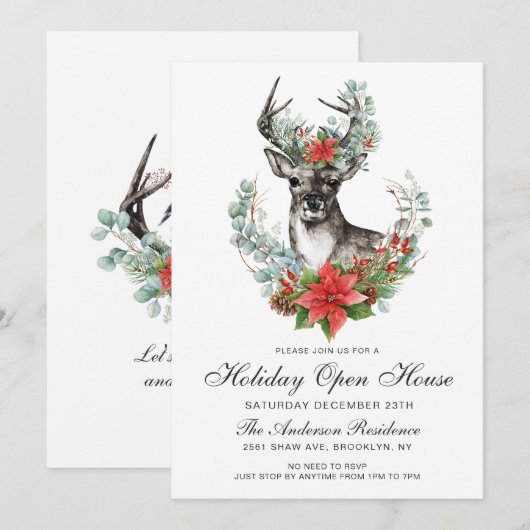 Eerste Kerstdag: Poinsettia Holiday Open House Kaart (Voorkant / Achterkant)