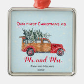 Eerste Kerstdag  truck - rood script Metalen Ornament (Voorkant)