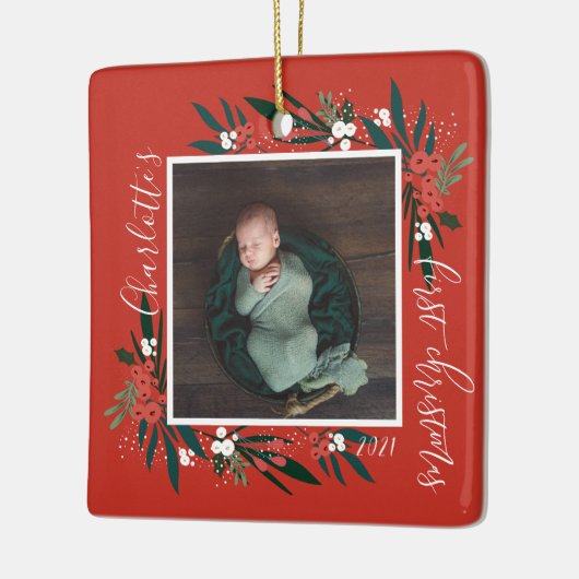  Eerste kerstdageraad- en olievlek-Baby Foto Keramisch Ornament (Links)