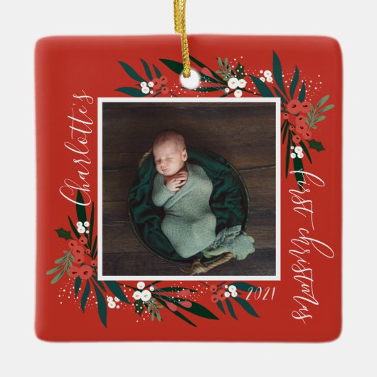Eerste kerstdageraad- en olievlek-Baby Foto Keramisch Ornament (Voorkant)
