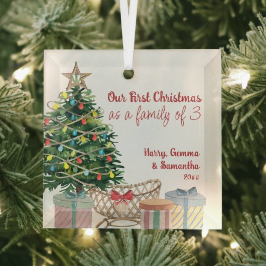 Eerste kerstfamilie met 3 kerstbomen Wieg Gl Glas Ornament (Insitu)