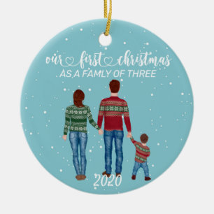 Eerste kerstfamilie van drie Brown Hair Boy Keramisch Ornament