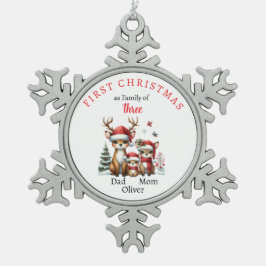 Eerste kerstfamilie van drie Keepsake-foto's Tin Sneeuwvlok Ornament