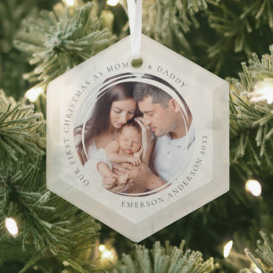 Eerste kerstfeest als mama en papa Marmeren foto Glas Ornament