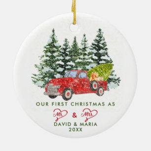 Eerste Kerstfeest Gehuwd als Mr. & Mrs Red Truck Keramisch Ornament