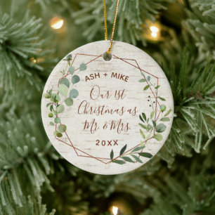 Eerste Kerstfeest Gehuwd met Birch Eucalyptus Foto Keramisch Ornament