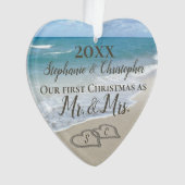 Eerste kerstfeest Hart Beach Wedding Mr Mrs. Ornament (voorkant)