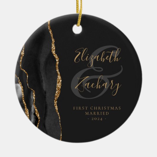 Eerste Kerstfeest met Black Agate Gold-script Keramisch Ornament (Voorkant)