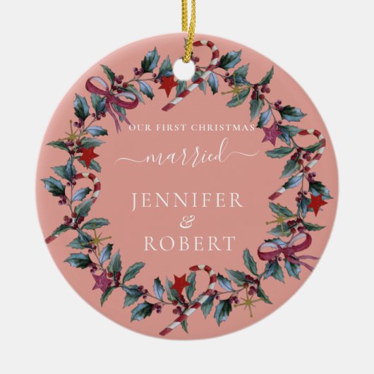 Eerste kerstfeest met Roos Wreate Keramisch Ornament (Voorkant)