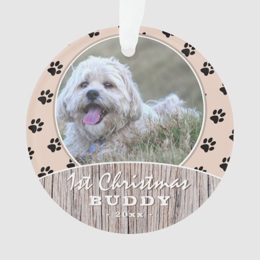 Eerste kerstfeest Rustic Puppy Photo Paw Pattern Ornament (voorkant)