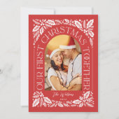 Eerste kerstfeest samen Arch Rood 3 foto collage Feestdagenkaart (Voorkant)