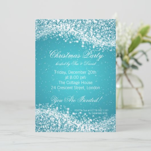 Eerste kerstfeest Uitnodiging Elegant Sparkle Blue (Staand voorkant)