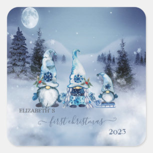 Eerste kerstfeest,Winterlandschap,Blauwe kabouters Vierkante Sticker