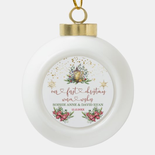 Eerste kerstfeestdag Pine Bow Lantern Weduwschap Keramische Bal Ornament (Voorkant)