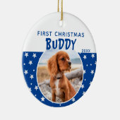 Eerste kerstfoto Blauwe Star Pattern Puppy Dog Keramisch Ornament (Rechts)