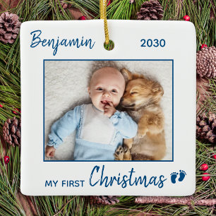 Eerste kerstfoto Eenvoudig minimalistisch blauw Ba Keramisch Ornament