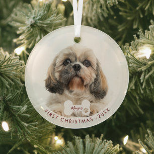 Eerste kerstfoto Foto Shih Tzu Dog Glas Ornament