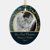 Eerste kerstfoto: Gold Floral Blue Keramisch Ornament (Rechts)