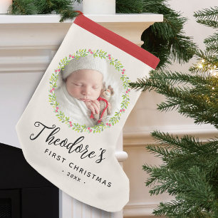 Eerste kerstfoto krans naam aandenken voor baby kleine kerstsok