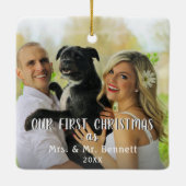 Eerste kerstfoto Modern script bruiloft foto Keramisch Ornament (Achterkant)