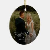 Eerste kerstfoto Moderne handgeschreven bruiloft f Keramisch Ornament (Rechts)