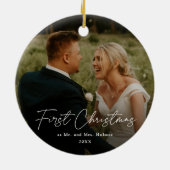 Eerste kerstfoto Moderne handgeschreven bruiloft f Keramisch Ornament (Achterkant)