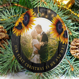 Eerste kerstfoto Mr. en Mrs. sunflower rustic Keramisch Ornament