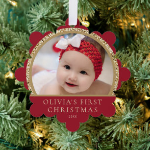 Eerste kerstfoto naam baby rood goud ornament kaart