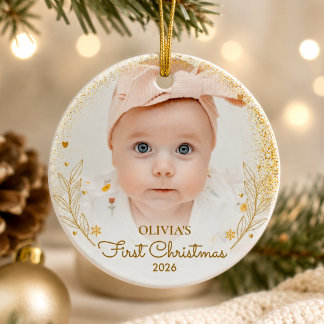 Eerste kerstfoto naam jaar goud baby keramisch ornament