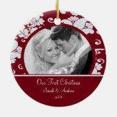 Eerste kerstfoto: Ornament Red & Grey Damask (Achterkant)