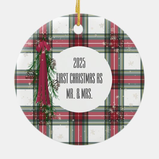 Eerste kerstfoto rood geplakt gepersonaliseerd keramisch ornament (Achterkant)