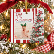 Eerste kerstfoto van baby met rode strepen en stri