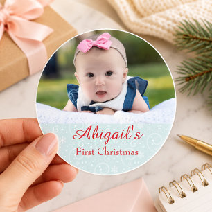 Eerste kerstfoto van de baby ronde sticker