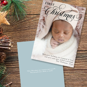 Eerste kerstfoto van de baby Vlakke kerstkaart