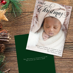 Eerste kerstfoto van de baby Vlakke kerstkaart