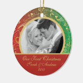 Eerste kerstfoto van Gold Floral Red Keramisch Ornament (Links)