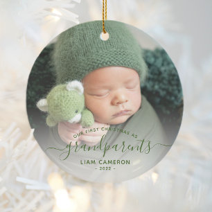 Eerste kerstfoto van grootouders Groen schrift Keramisch Ornament